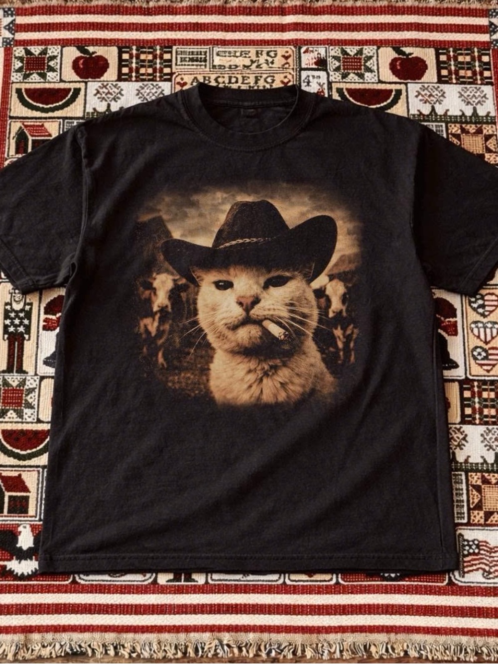 Black Cat Cowboy Graphic T-Shirt - Novelty Cat Design